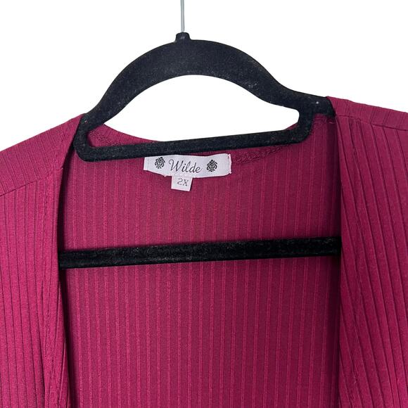 Wilde Burgundy Ribbed Open Front Cardigan Women’s Plus 2X Longline Pockets - Picture 3 of 4